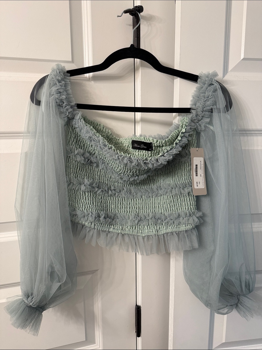 Anna Grace Sage Green Smocked Tulle Sleeve Crop Top